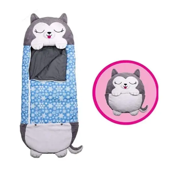 Dětský spacák plyšový husky 135 × 50 cm bavlna chmýří králičí kožešina modrý zip po celé délce pro spaní doma i na cestách Omezená Nabídka