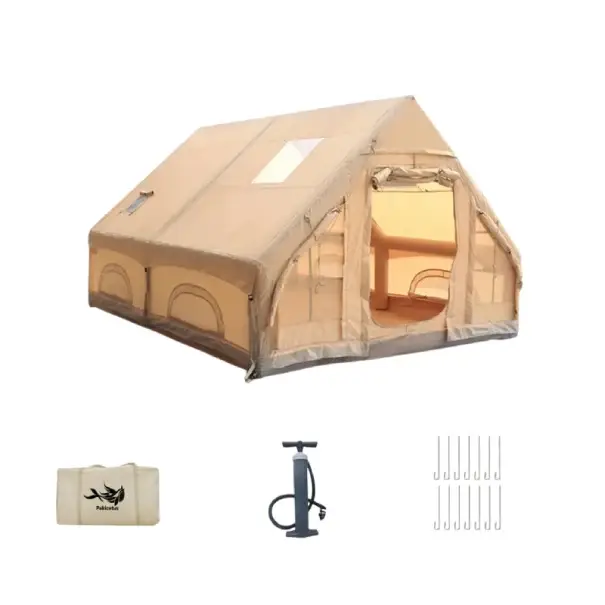 Levný Nafukovací kempingový stan rodinný 300 x 400 x 210 cm pro 4 - 6 osob khaki se střešním oknem s pumpou rychlé postavení pro kemp