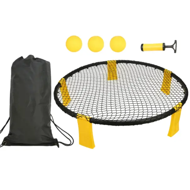 Zlevněný Sada mini plážový volejbal kruhová síť 90 x 20 cm s 3 míčky a pumpičkou žluto-černá pro venkovní týmové sporty na trávníku
