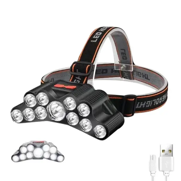Výkonná čelovka s 11 LED diodami Dobíjecí čelová svítilna USB nabíjení 90° otočná hlava Nastavitelný elastický popruh Outdoor svítilna Hit Sezóny