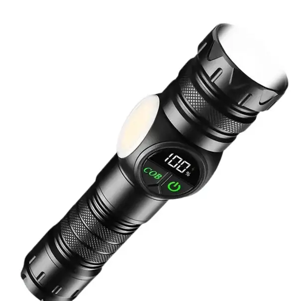 Výkonná LED svítilna s COB bočním světlem, zoomem, displejem baterie, USB nabíjením a 5 režimy pro outdoor použití Pouze Dnes