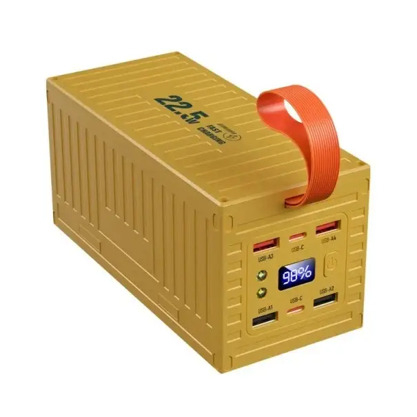 Doprava Zdarma Žlutá powerbanka s poutkem a velkou kapacitou baterie 60000 mAh Li-Po baterie Přenosná nabíjecí stanice s duální LED svítilnou a LCD displejem Rychlé nabíjení 14,5 x 7,5 x 7 cm
