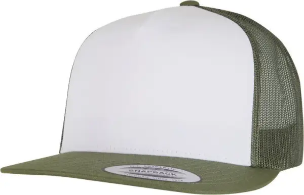 Výhodná Nabídka Čepice kšiltovka Snapback, FLEXFIT Yupoong Trucker, šíťkovaná, bílo-olivová