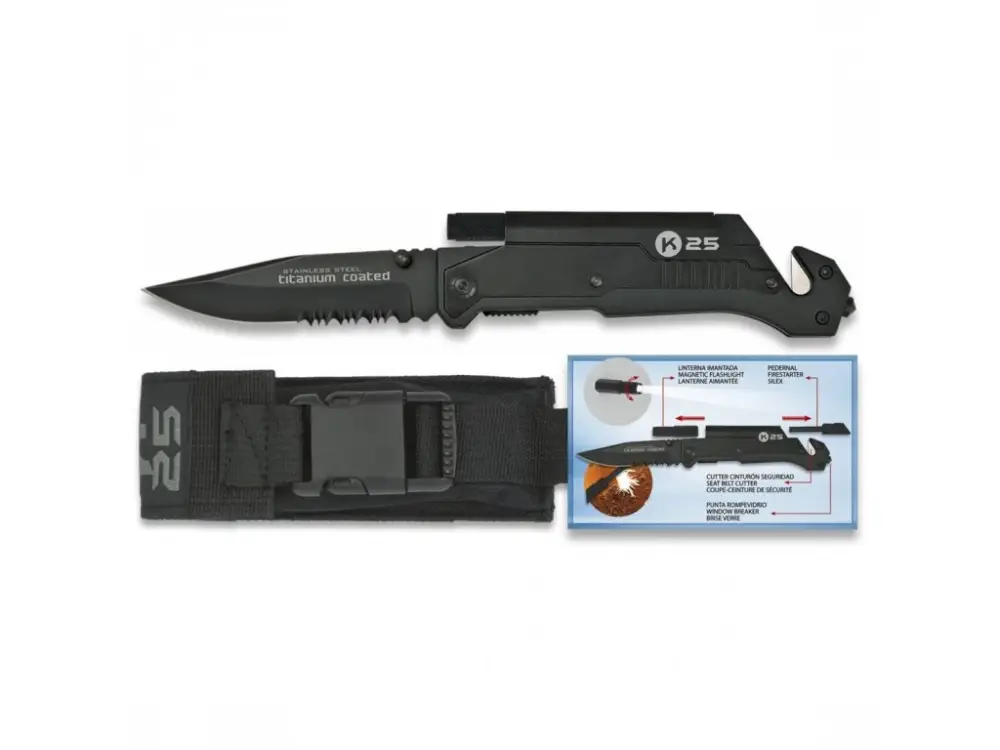 Bezpečná Platba Nůž zavírací Albainox K25 FOS Black - s baterkou a křesadlem