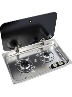 Nerezový sporák se skleněným krytem, ASO 530x326xV119 mm, 2 hořáky, celkový výkon 2,8 kW Expresní Doručení