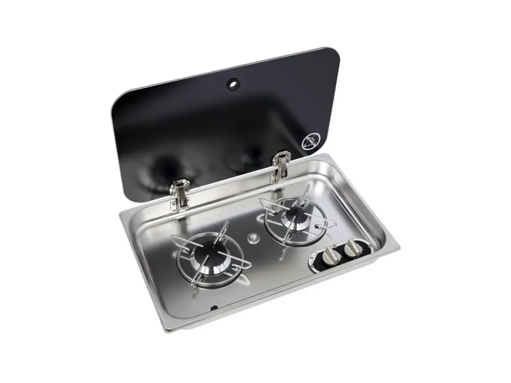 Nerezový sporák se skleněným krytem, ASO 530x326xV119 mm, 2 hořáky, celkový výkon 2,8 kW Expresní Doručení