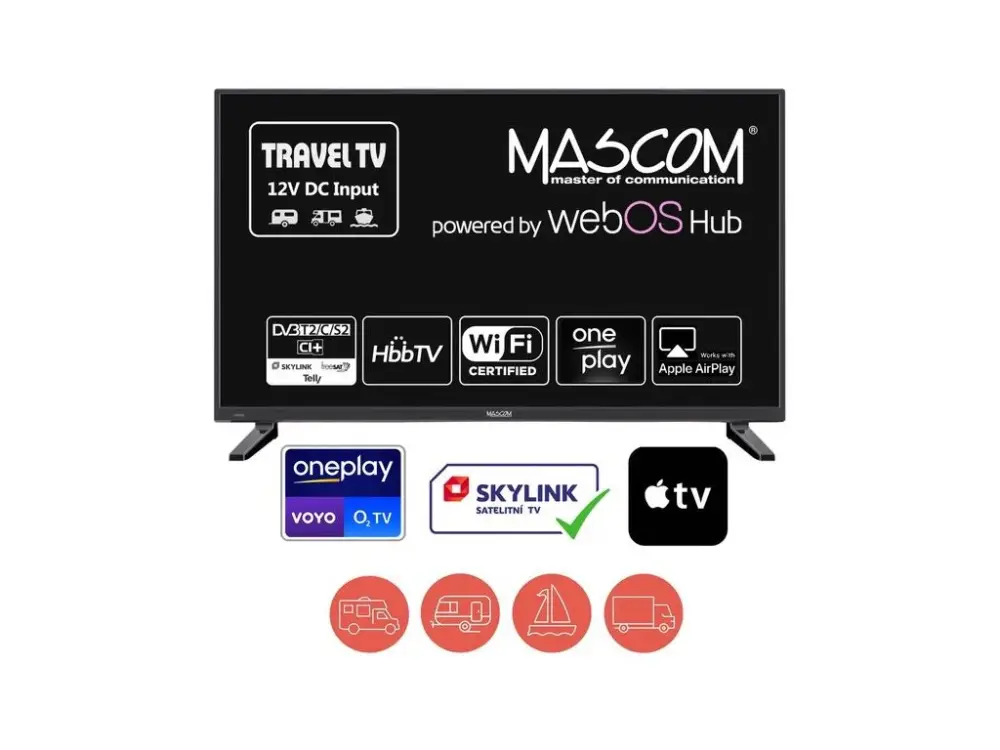 Pouze Dnes Televize MASCOM TVMC28TFW11, WebOS, DVB-T2/S2, WIFI, 12V DC Travel TV