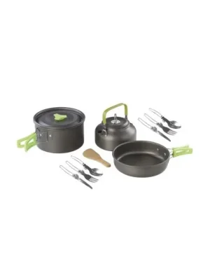 Levný Outdoor set nádobí Meva 3 díly s příbory - hrnec, konvička, pánev