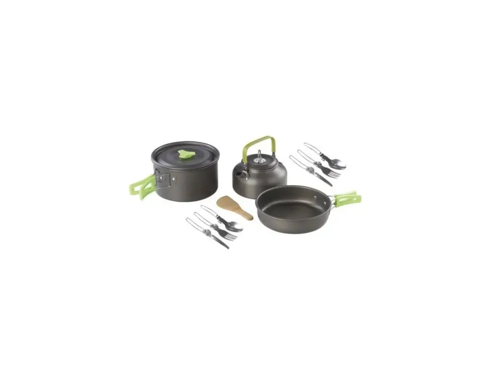 Levný Outdoor set nádobí Meva 3 díly s příbory - hrnec, konvička, pánev