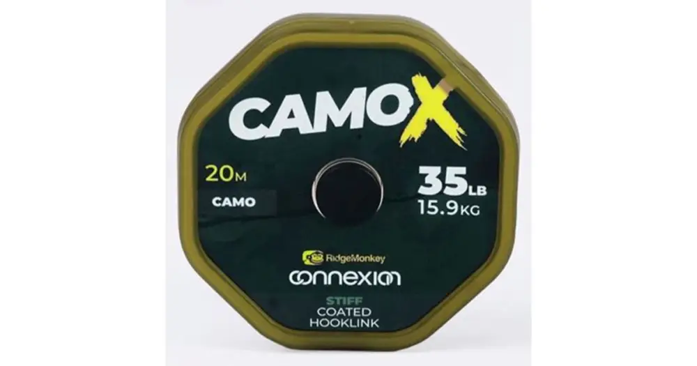 Sleva RidgeMonkey Návazcová Šňůrka Connexion CamoX Stiff Coated Hooklink 20 m - 35 lb