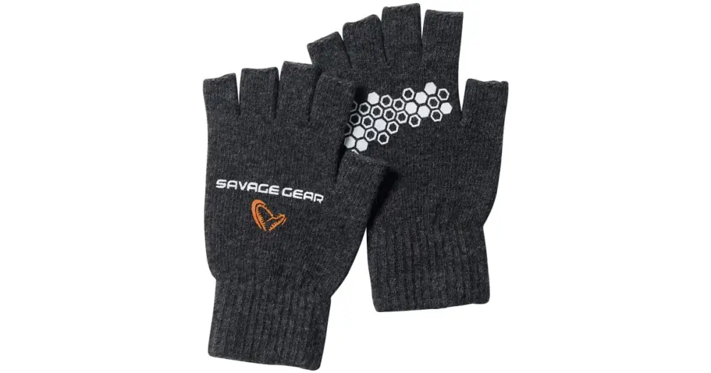 Zlevněný Savage Gear Rukavice Knitted Half Finger Glove Dark Grey Melange - M
