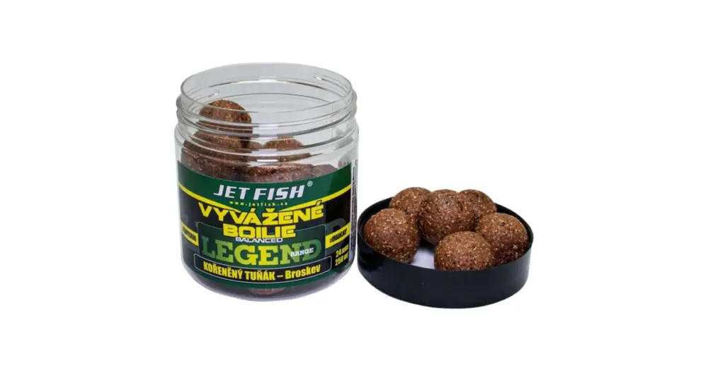 Finální Výprodej Jet Fish Vyvážené Boilie Legend Range Kořeněný Tuňák Broskev 250 ml