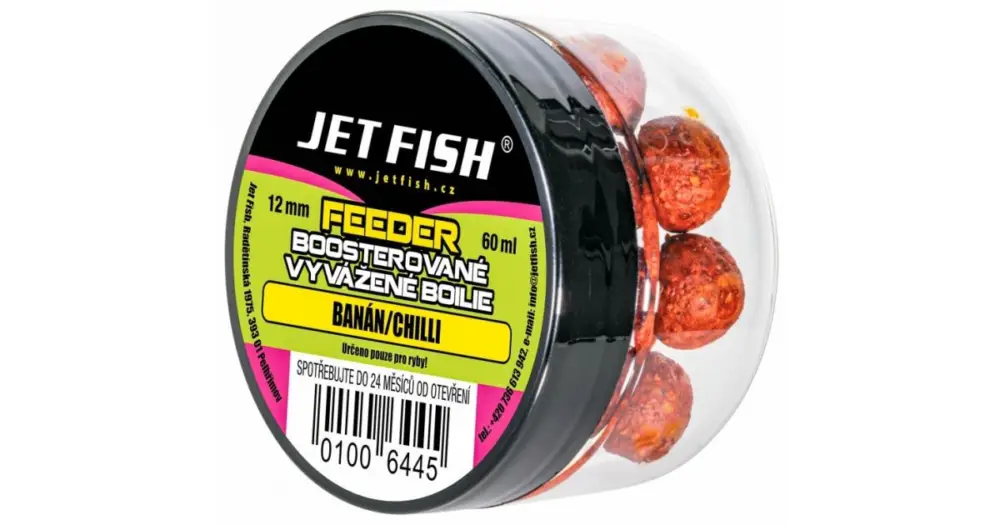 Jet Fish Boosterované Vyvážené Boilie 12 mm 60 ml - Banán Chilli Nejprodávanější