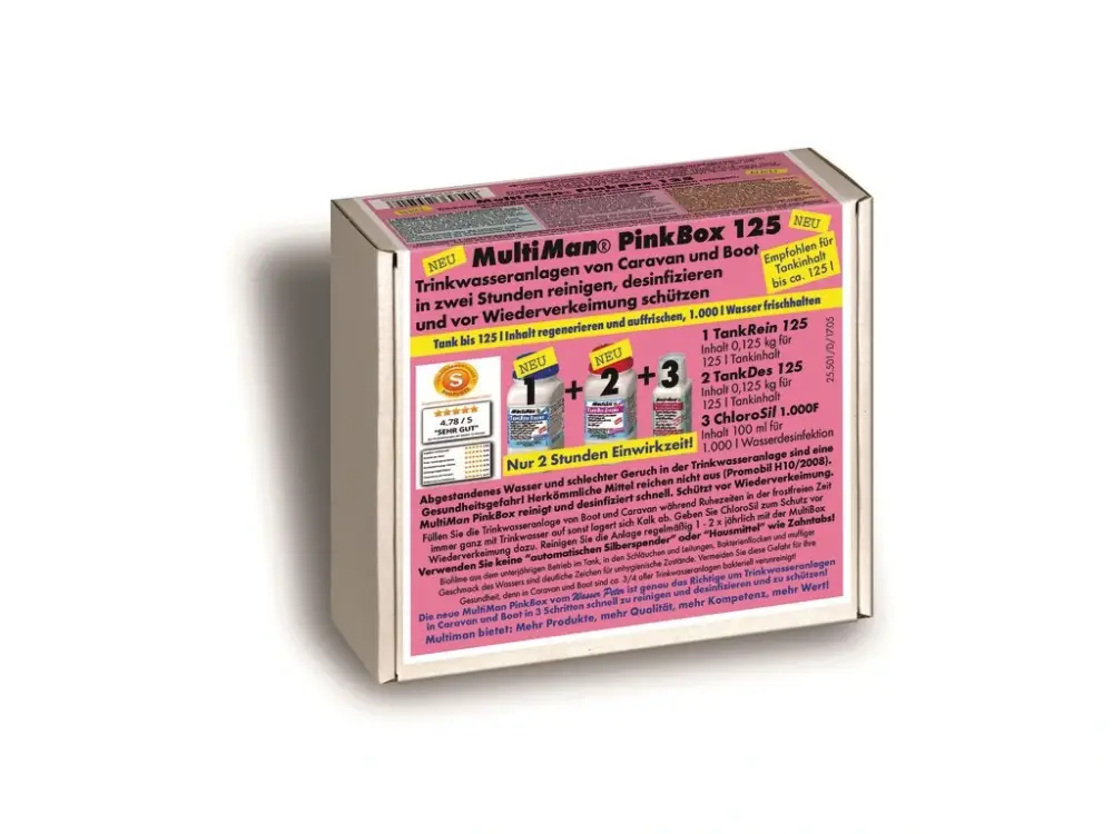 Nejlepší Volba MultiMan Kompletní sada pro rychlé čištění systémů pitné vody Pink Box 125 g Tank Pure 125g, Tank Des 100g, Chlorosil 100ml 125 gpro nádrže na pitnou vodu do 125 l